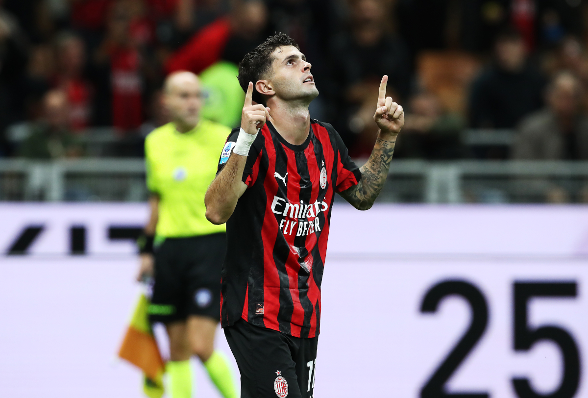 MILAN, ITALY - SEPTEMBER 28: Christian Pulisic of AC Milan celebrates after scoring a goal during the Serie A match between AC Milan and SSC Napoli at Giuseppe Meazza Stadium on September 28, 2025 in Milan, Italy. (Photo by Marco Luzzani/Getty Images)