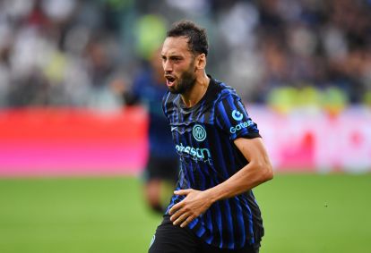 TURIN, ITALY - SEPTEMBER 13: Hakan Calhanoglu of Internazionale celebrates scoring his team's first goal during the Serie A match between Juventus FC and FC Internazionale at on September 13, 2025 in Turin, Italy. (Photo by Valerio Pennicino/Getty Images)